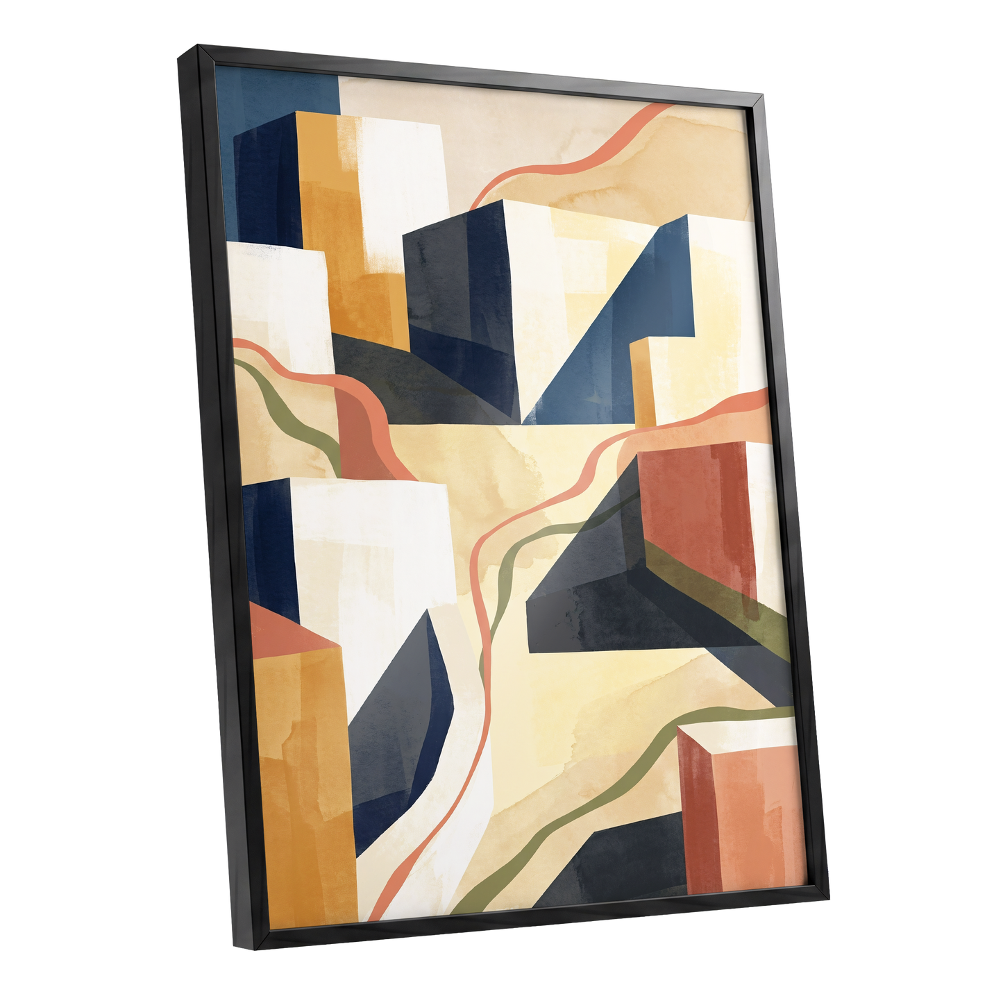Ribboned Cityforms, blue, beige, gold abstract wall art shown as a black framed poster wall art print