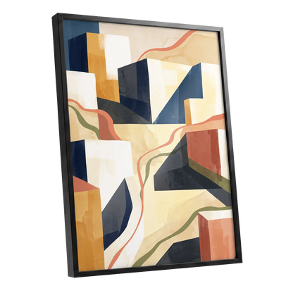 Ribboned Cityforms, blue, beige, gold abstract wall art shown as a black framed poster wall art print