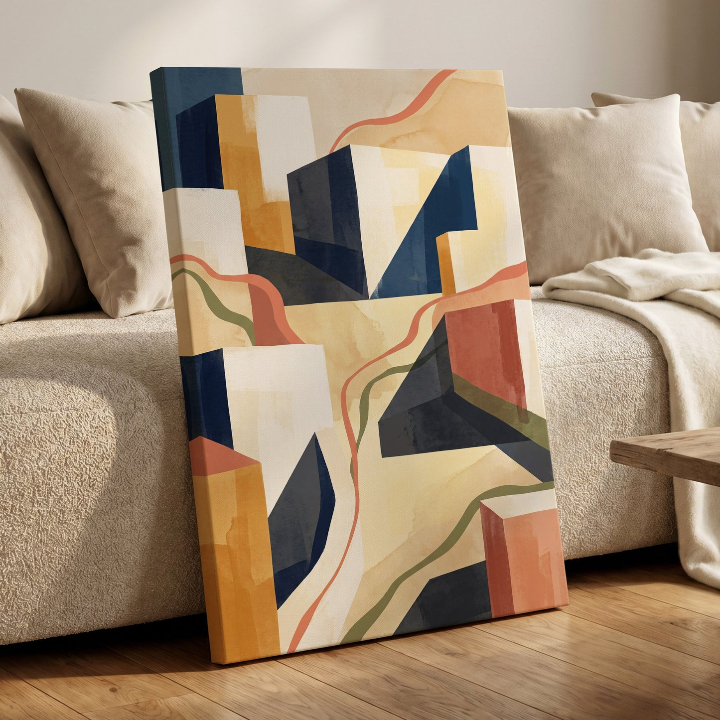 Ribboned Cityforms, blue, beige, gold abstract wall art on canvas displayed in a styled interior, gallery view 1