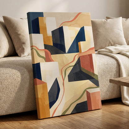 Ribboned Cityforms, blue, beige, gold abstract wall art on canvas displayed in a styled interior, gallery view 1