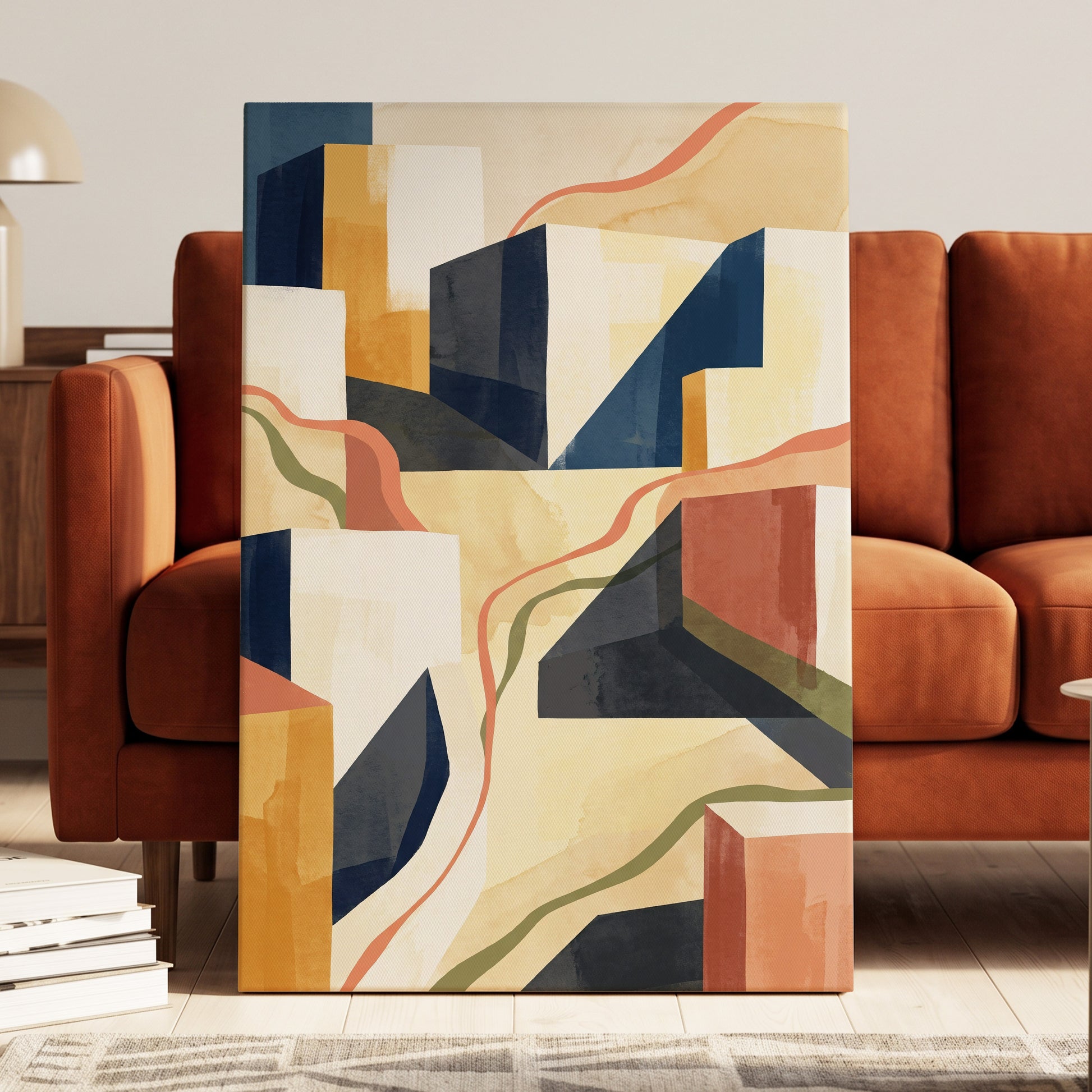 Ribboned Cityforms, blue, beige, gold abstract wall art on canvas displayed in a styled interior, gallery view 2