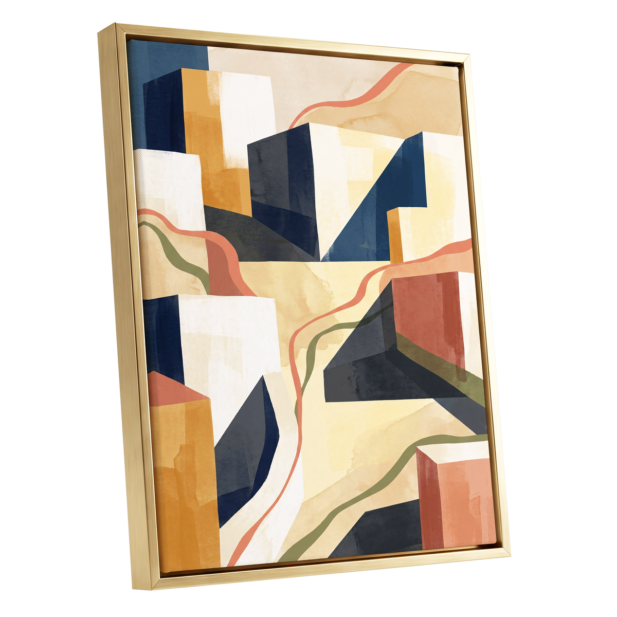 Ribboned Cityforms, blue, beige, gold abstract wall art shown as a gold framed canvas wall art