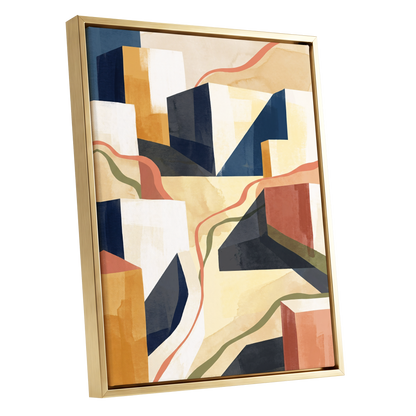 Ribboned Cityforms, blue, beige, gold abstract wall art shown as a gold framed canvas wall art