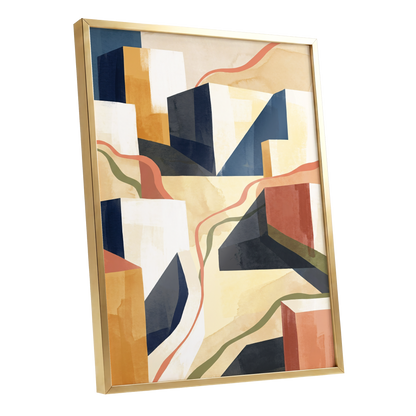 Ribboned Cityforms, blue, beige, gold abstract wall art shown as a gold framed poster wall art print