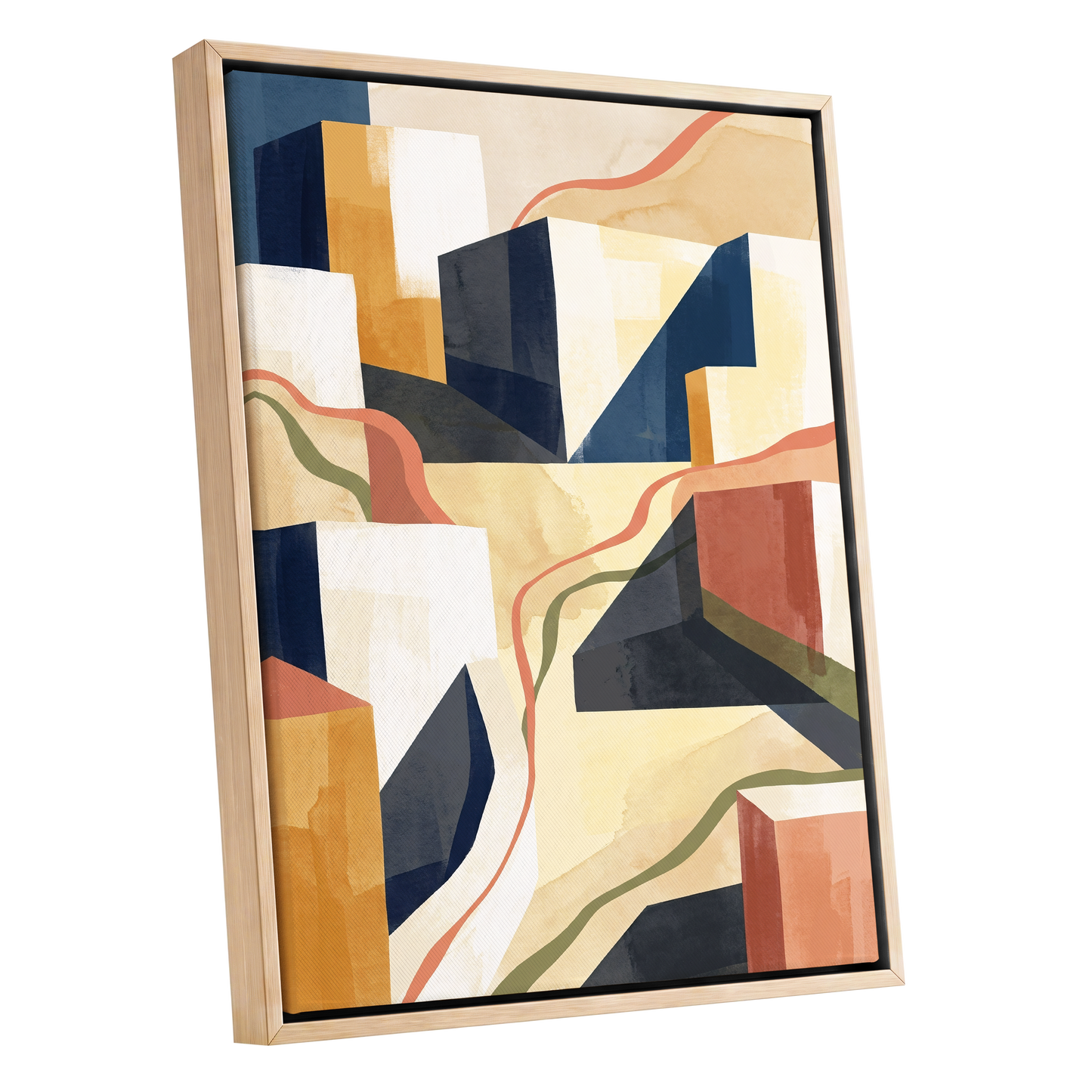 Ribboned Cityforms, blue, beige, gold abstract wall art shown as a oak framed canvas wall art