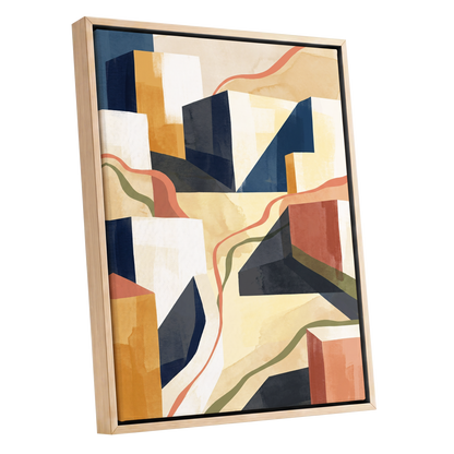 Ribboned Cityforms, blue, beige, gold abstract wall art shown as a oak framed canvas wall art
