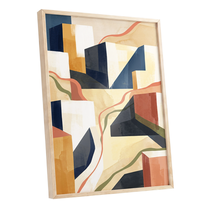 Ribboned Cityforms, blue, beige, gold abstract wall art shown as a oak framed poster wall art print