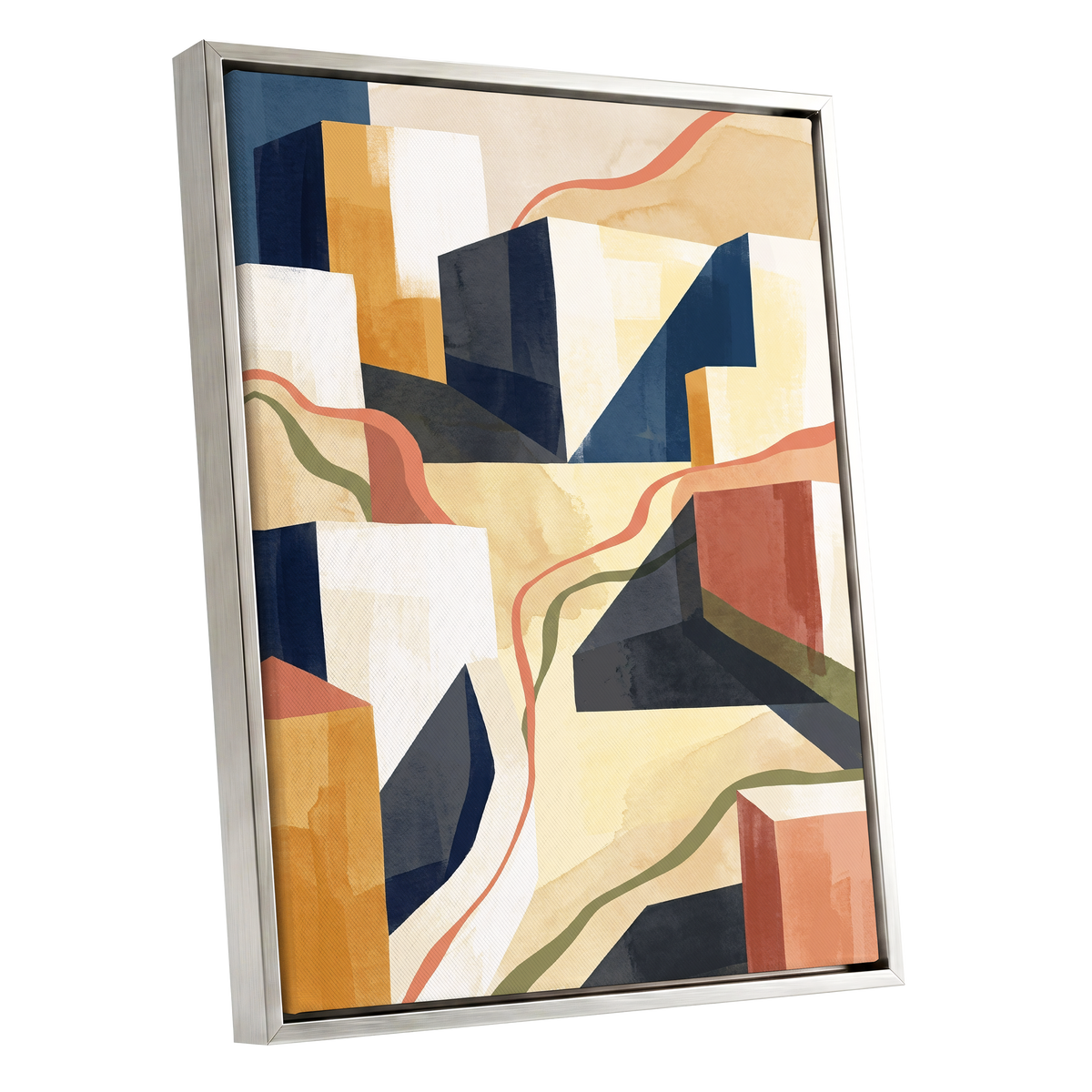 Ribboned Cityforms, blue, beige, gold abstract wall art shown as a silver framed canvas wall art
