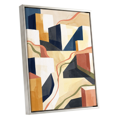 Ribboned Cityforms, blue, beige, gold abstract wall art shown as a silver framed canvas wall art