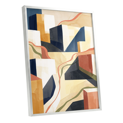 Ribboned Cityforms, blue, beige, gold abstract wall art shown as a silver framed poster wall art print
