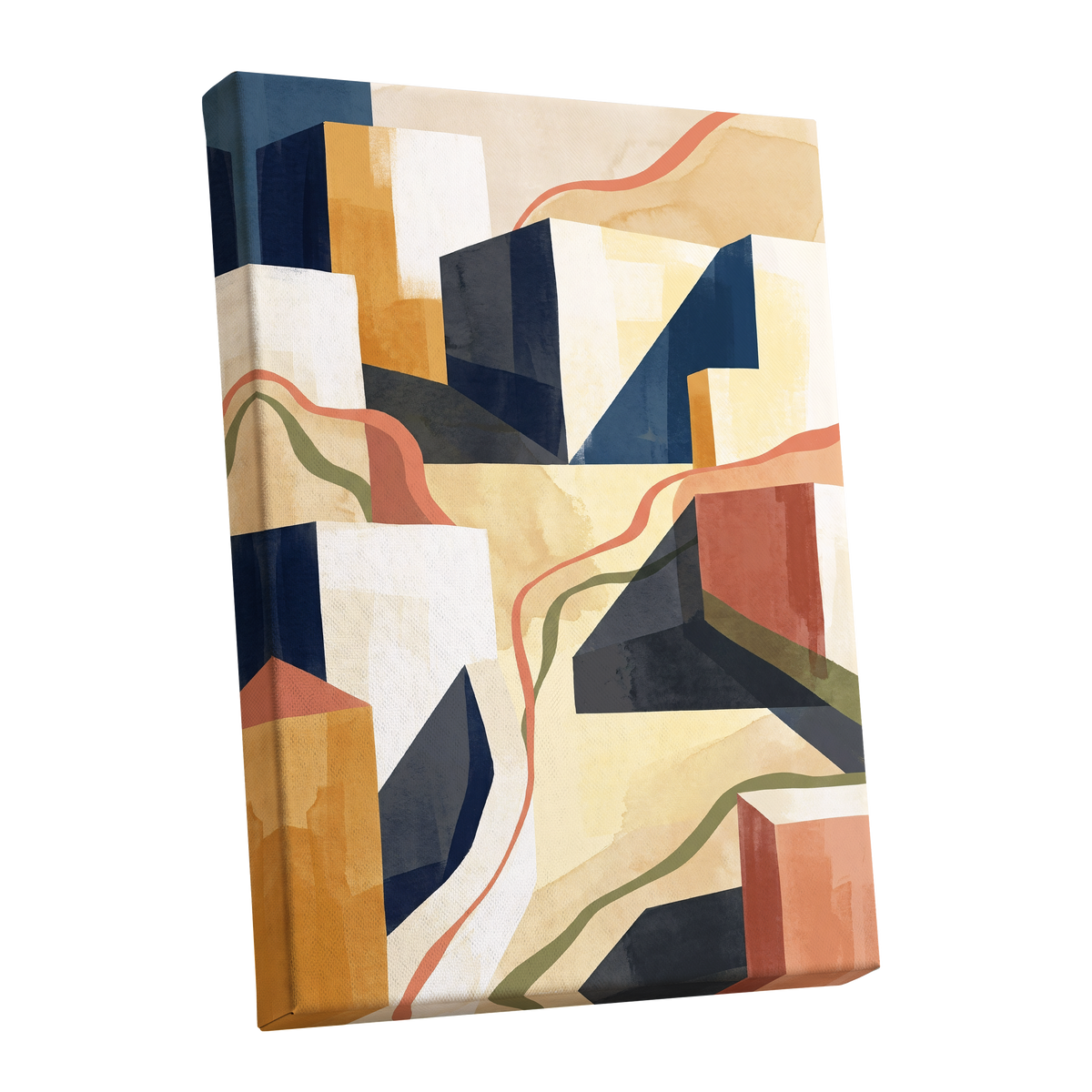 Ribboned Cityforms, blue, beige, gold abstract wall art shown as a stretched canvas wall art