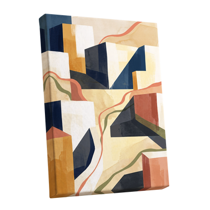 Ribboned Cityforms, blue, beige, gold abstract wall art shown as a stretched canvas wall art
