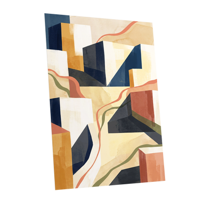 Ribboned Cityforms, blue, beige, gold abstract wall art shown as a unframed poster wall art print