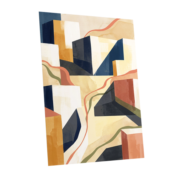 Ribboned Cityforms, blue, beige, gold abstract wall art shown as a unframed poster wall art print