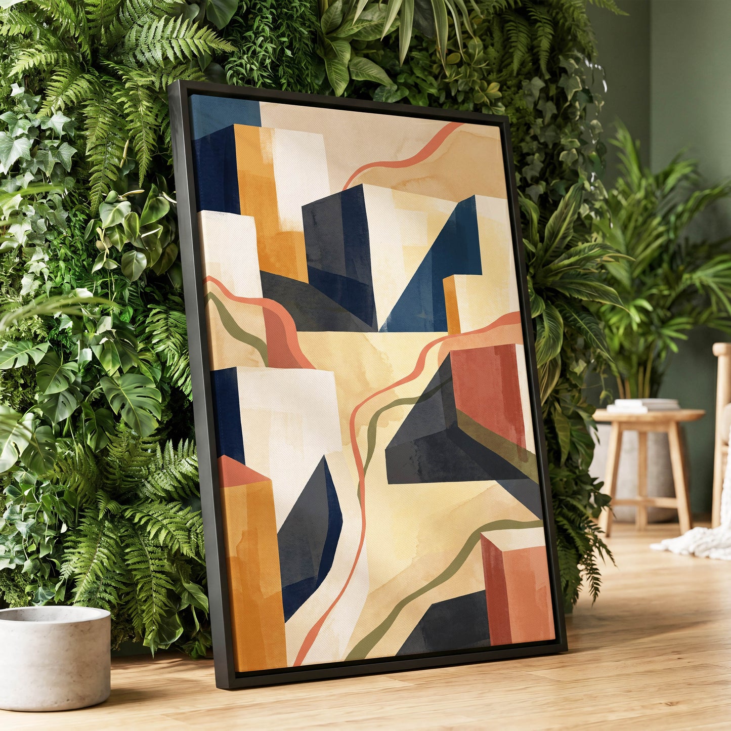 Ribboned Cityforms, blue, beige, gold abstract wall art displayed in a styled interior, gallery view 1