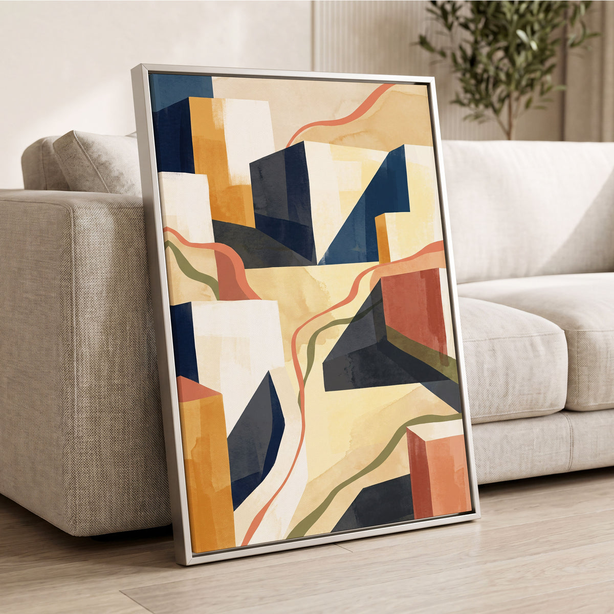 Ribboned Cityforms, blue, beige, gold abstract wall art displayed in a styled interior, gallery view 2