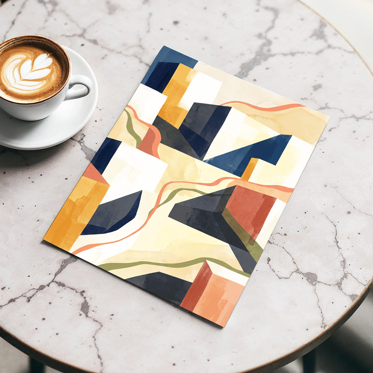 Ribboned Cityforms, blue, beige, gold abstract wall art displayed in a styled interior, gallery view 3