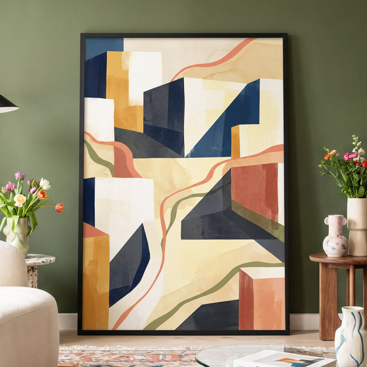 Ribboned Cityforms, blue, beige, gold abstract wall art displayed in a styled interior, gallery view 4
