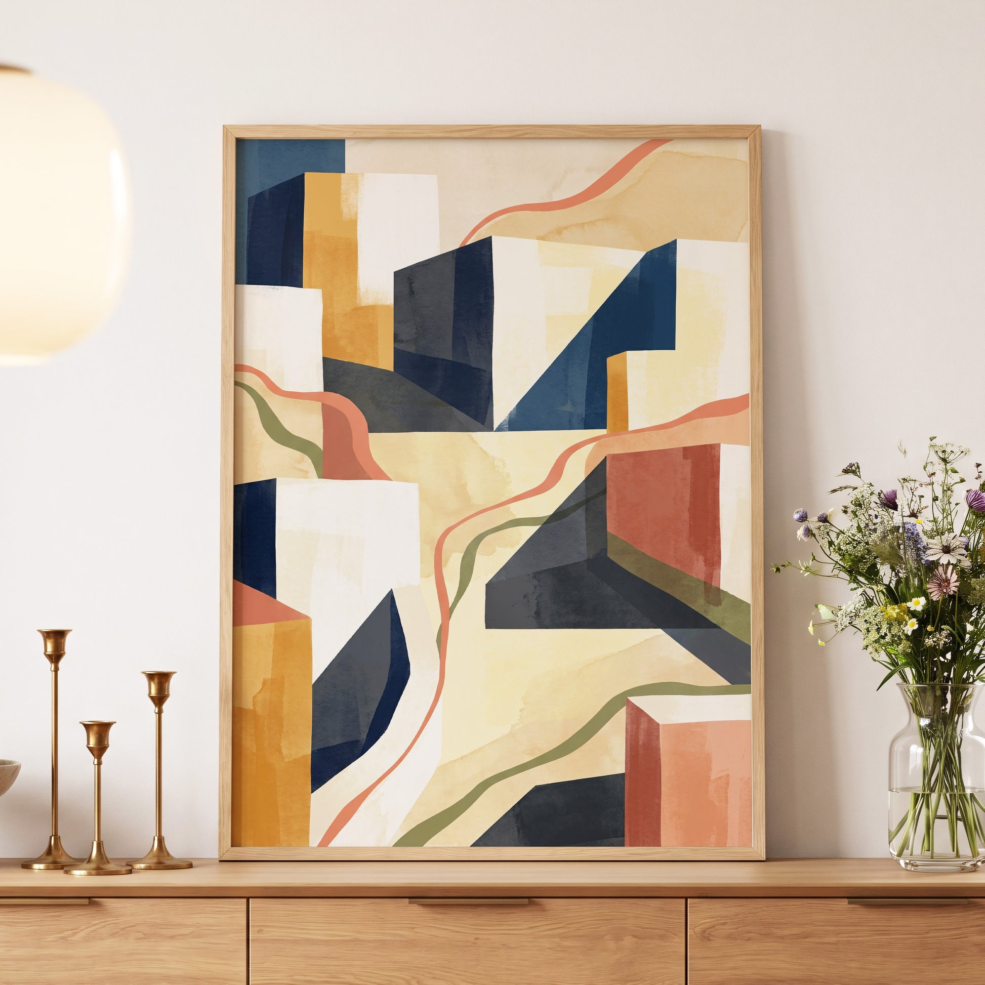 Ribboned Cityforms, blue, beige, gold abstract wall art displayed in a styled interior, gallery view 5
