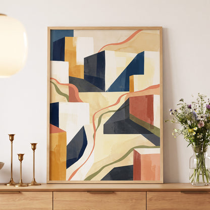 Ribboned Cityforms, blue, beige, gold abstract wall art displayed in a styled interior, gallery view 5