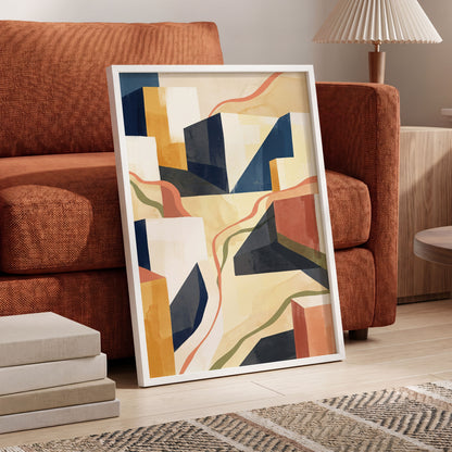 Ribboned Cityforms, blue, beige, gold abstract wall art displayed in a styled interior, gallery view 6
