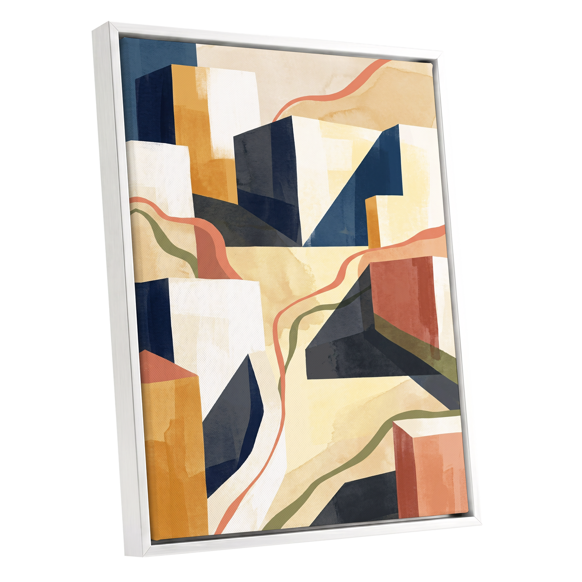 Ribboned Cityforms, blue, beige, gold abstract wall art shown as a white framed canvas wall art