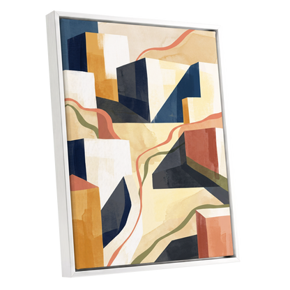 Ribboned Cityforms, blue, beige, gold abstract wall art shown as a white framed canvas wall art