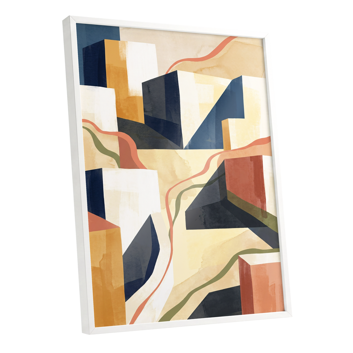 Ribboned Cityforms, blue, beige, gold abstract wall art shown as a white framed poster wall art print