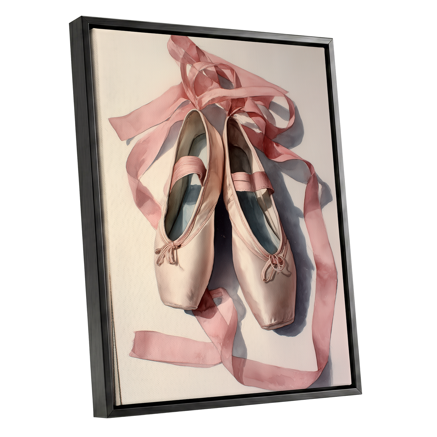 Ribbons at Rest, pink, beige, gray minimalist wall art shown as a black framed canvas wall art