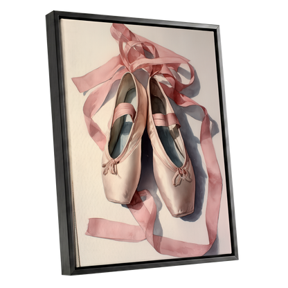 Ribbons at Rest, pink, beige, gray minimalist wall art shown as a black framed canvas wall art