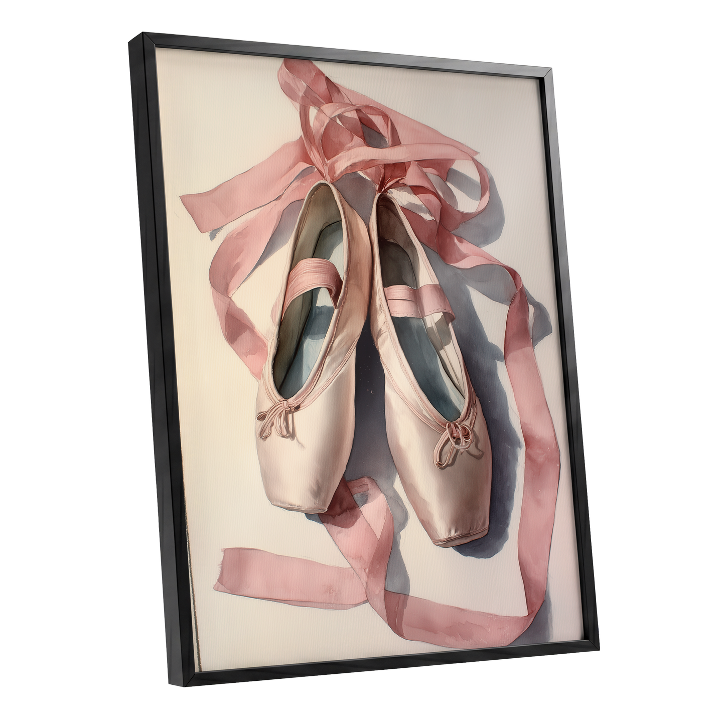 Ribbons at Rest, pink, beige, gray minimalist wall art shown as a black framed poster wall art print