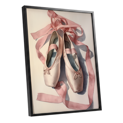 Ribbons at Rest, pink, beige, gray minimalist wall art shown as a black framed poster wall art print