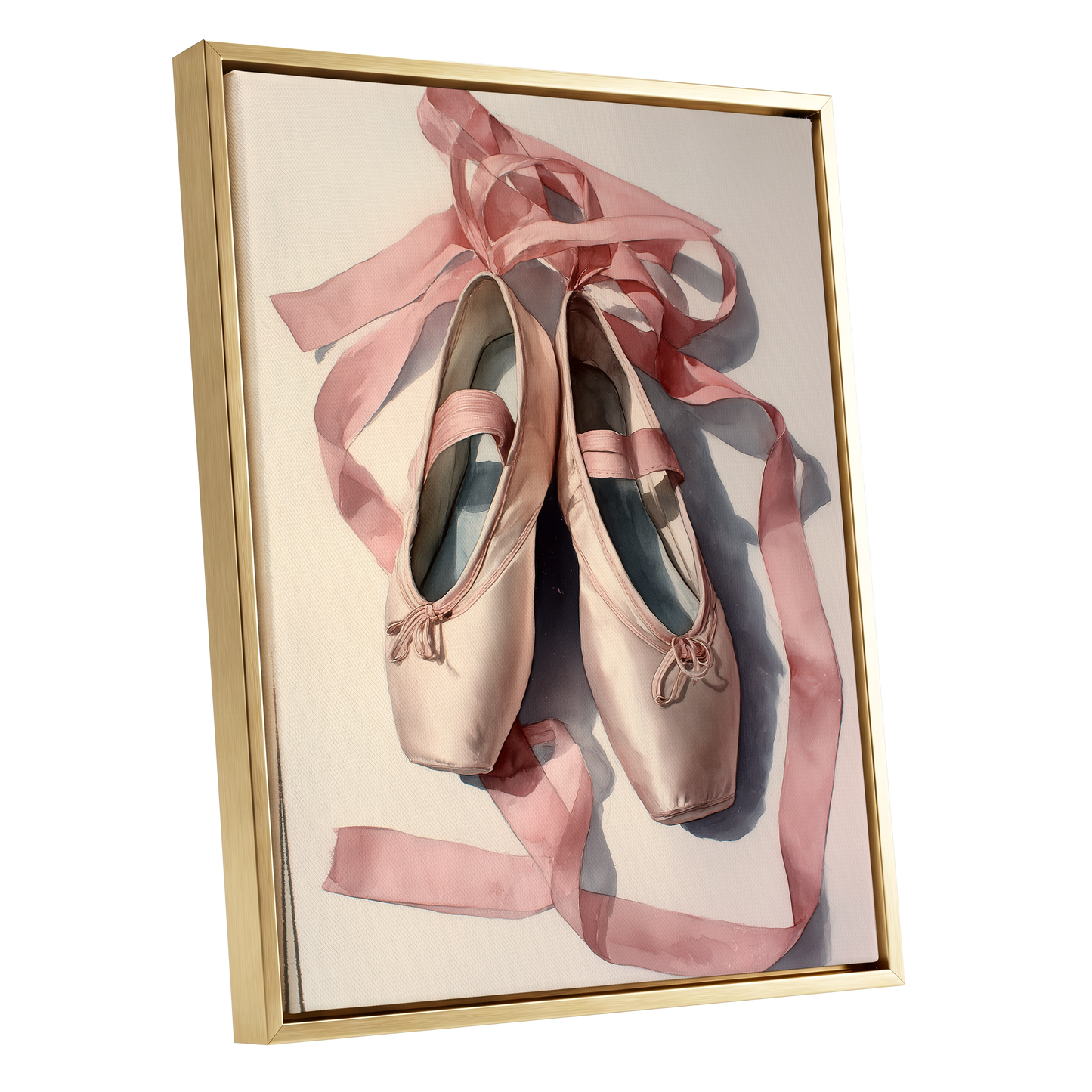 Ribbons at Rest, pink, beige, gray minimalist wall art shown as a gold framed canvas wall art