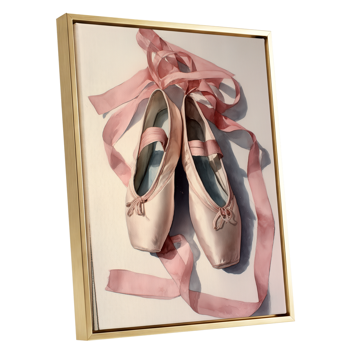 Ribbons at Rest, pink, beige, gray minimalist wall art shown as a gold framed canvas wall art