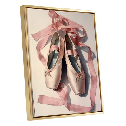 Ribbons at Rest, pink, beige, gray minimalist wall art shown as a gold framed canvas wall art