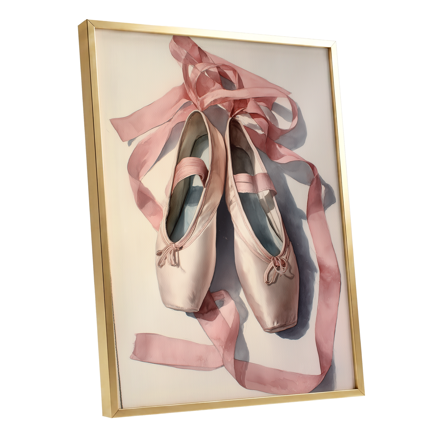 Ribbons at Rest, pink, beige, gray minimalist wall art shown as a gold framed poster wall art print