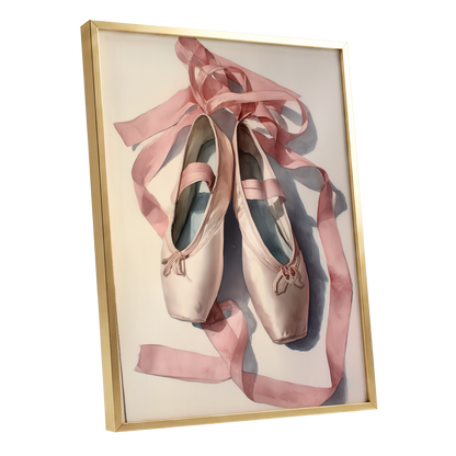 Ribbons at Rest, pink, beige, gray minimalist wall art shown as a gold framed poster wall art print