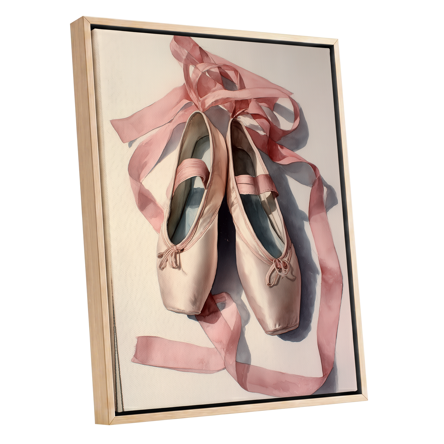 Ribbons at Rest, pink, beige, gray minimalist wall art shown as a oak framed canvas wall art