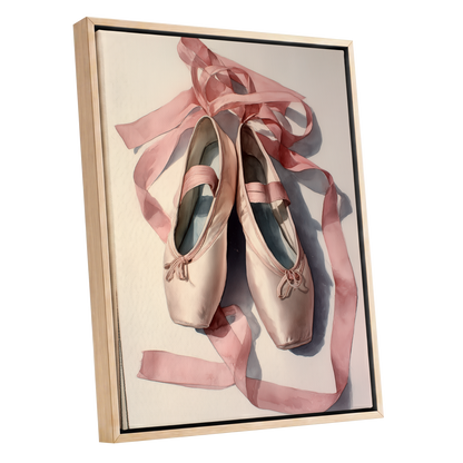 Ribbons at Rest, pink, beige, gray minimalist wall art shown as a oak framed canvas wall art