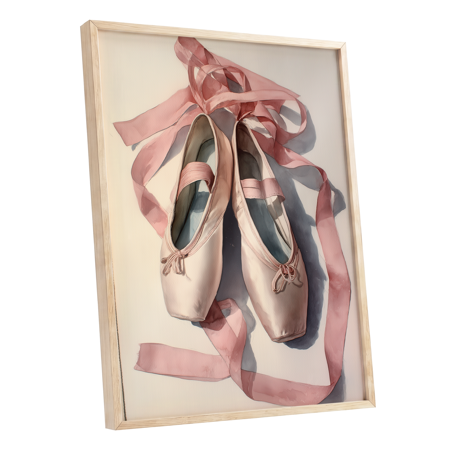 Ribbons at Rest, pink, beige, gray minimalist wall art shown as a oak framed poster wall art print