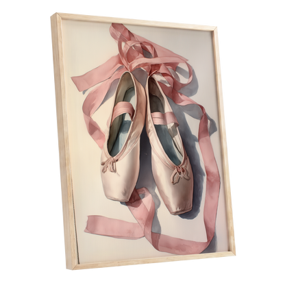 Ribbons at Rest, pink, beige, gray minimalist wall art shown as a oak framed poster wall art print