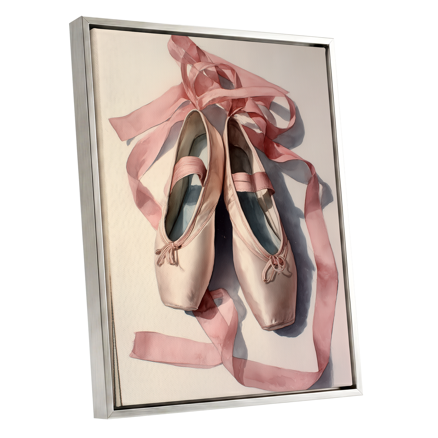 Ribbons at Rest, pink, beige, gray minimalist wall art shown as a silver framed canvas wall art