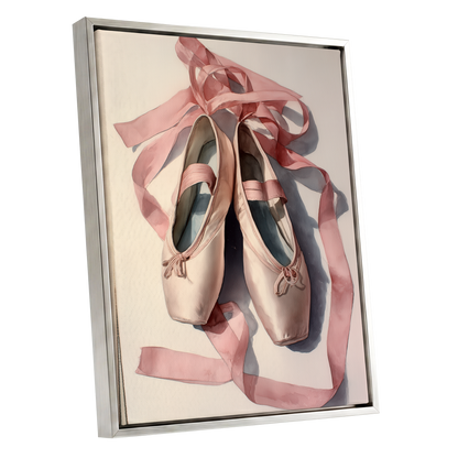 Ribbons at Rest, pink, beige, gray minimalist wall art shown as a silver framed canvas wall art