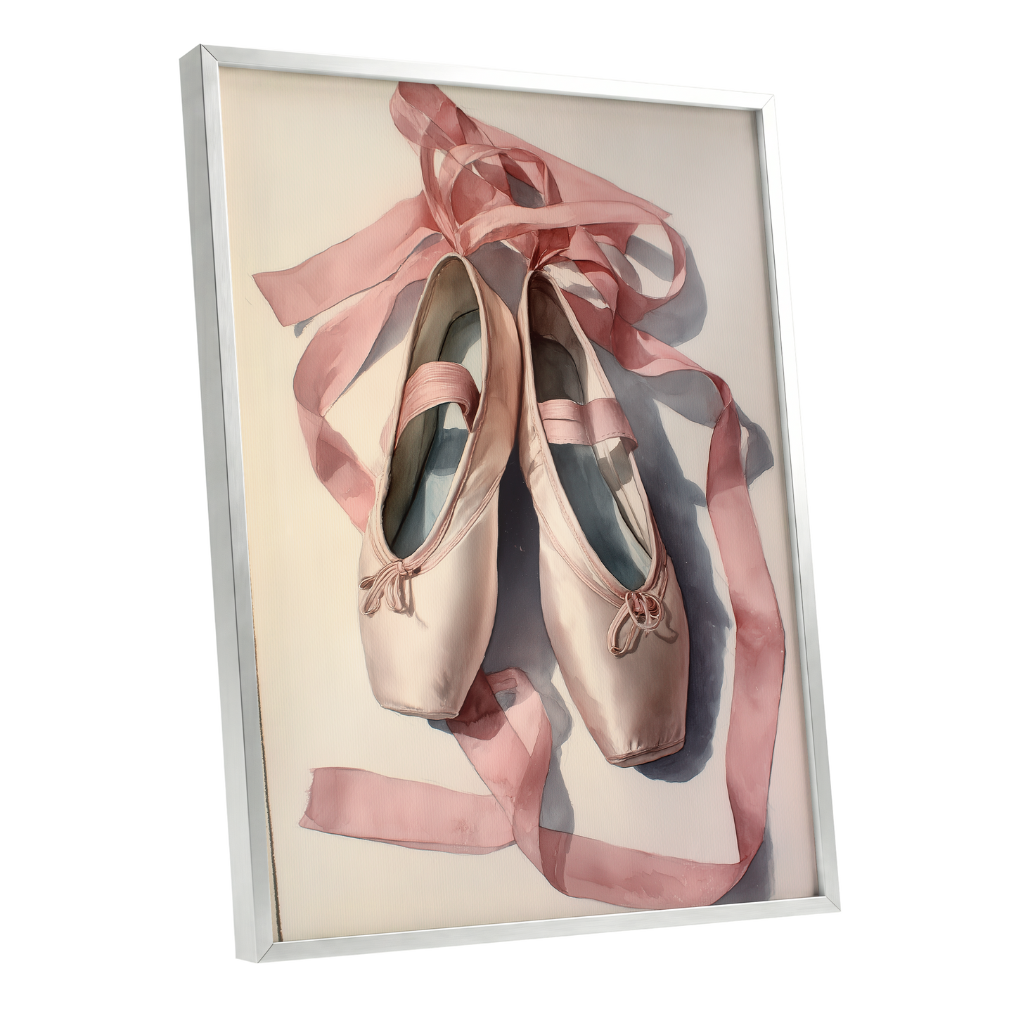 Ribbons at Rest, pink, beige, gray minimalist wall art shown as a silver framed poster wall art print