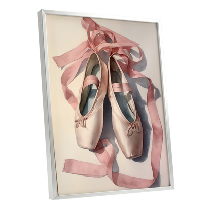 Ribbons at Rest, pink, beige, gray minimalist wall art shown as a silver framed poster wall art print