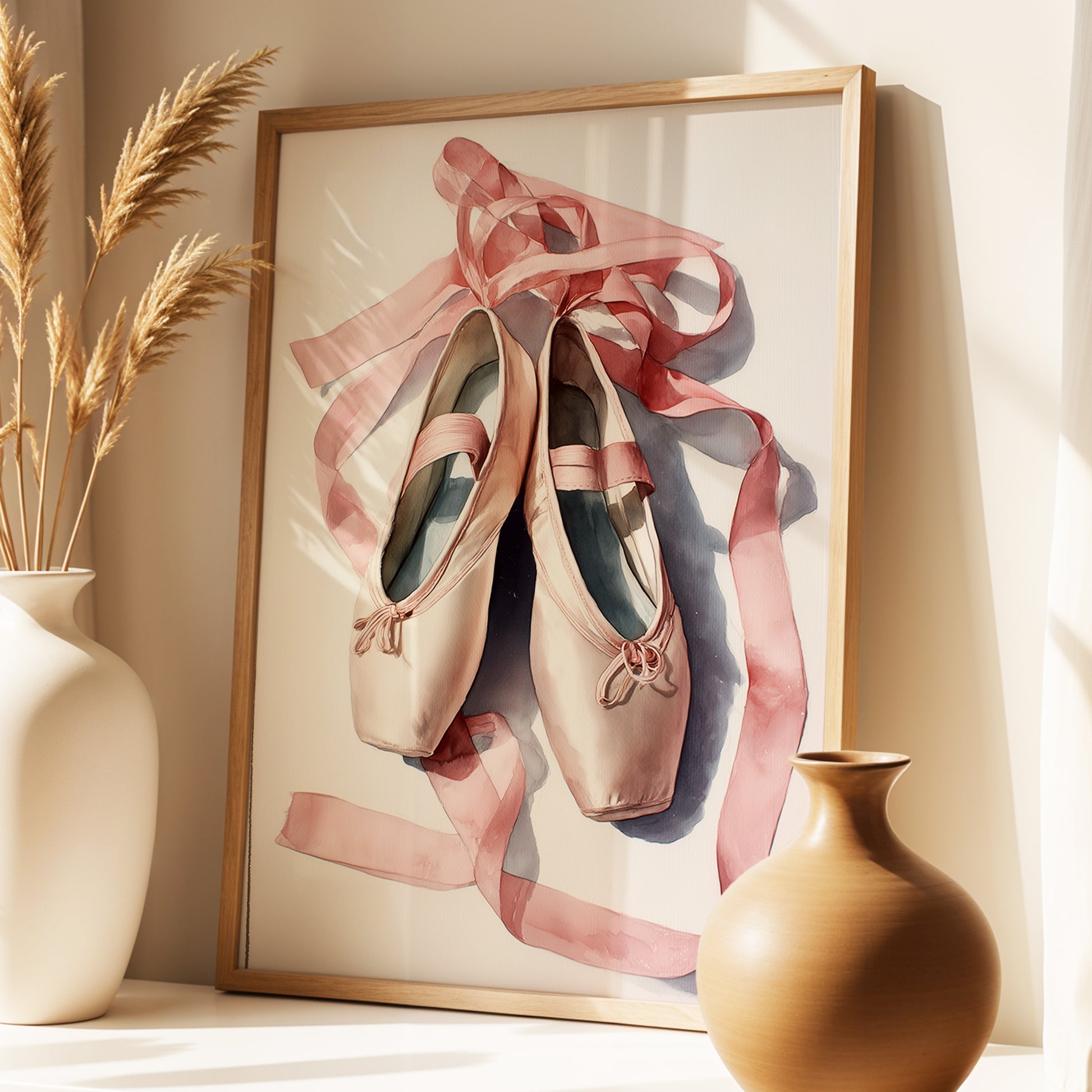 Ribbons at Rest, pink, beige, gray minimalist wall art displayed in a styled interior, gallery view 2