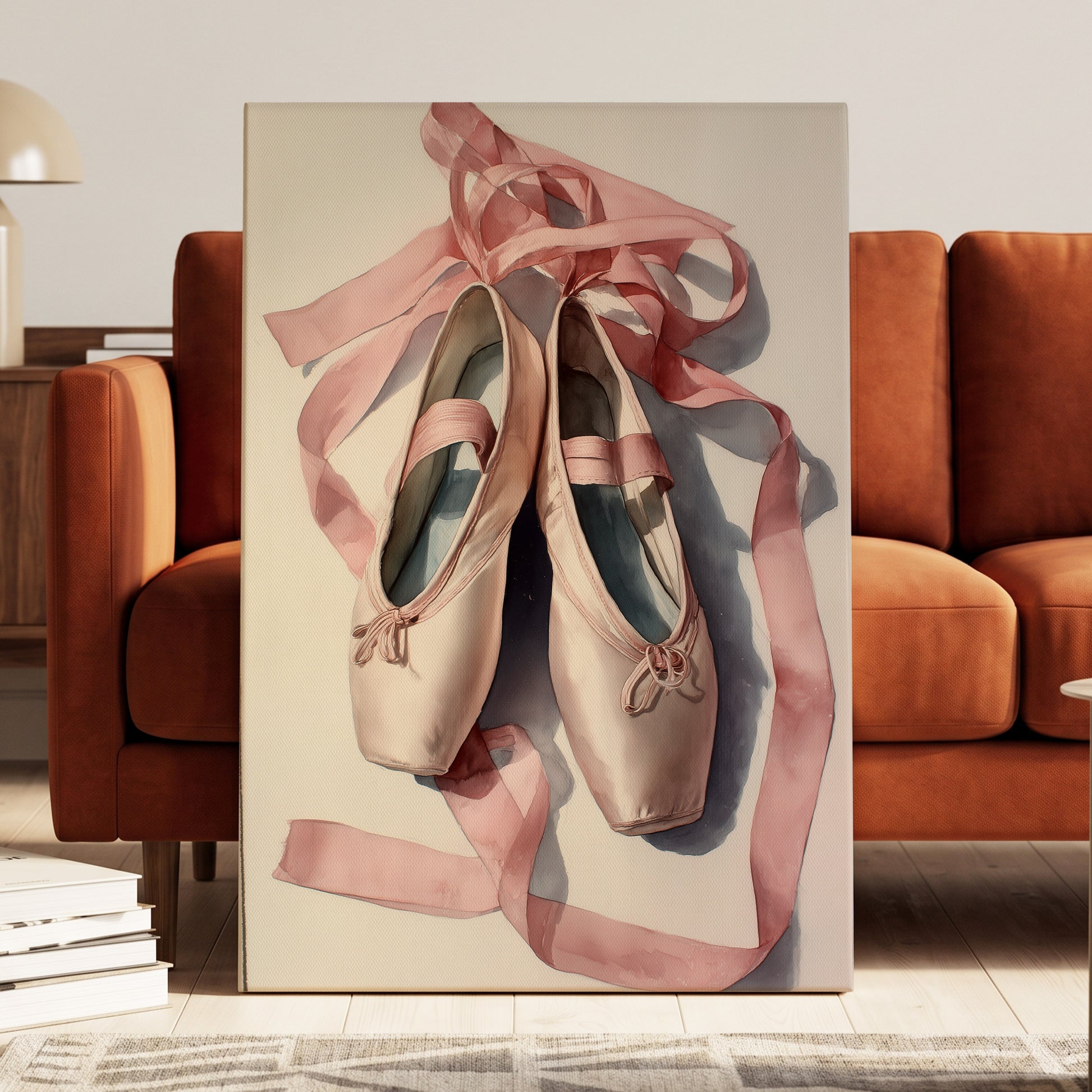 Ribbons at Rest, pink, beige, gray minimalist wall art displayed in a styled interior, gallery view 3