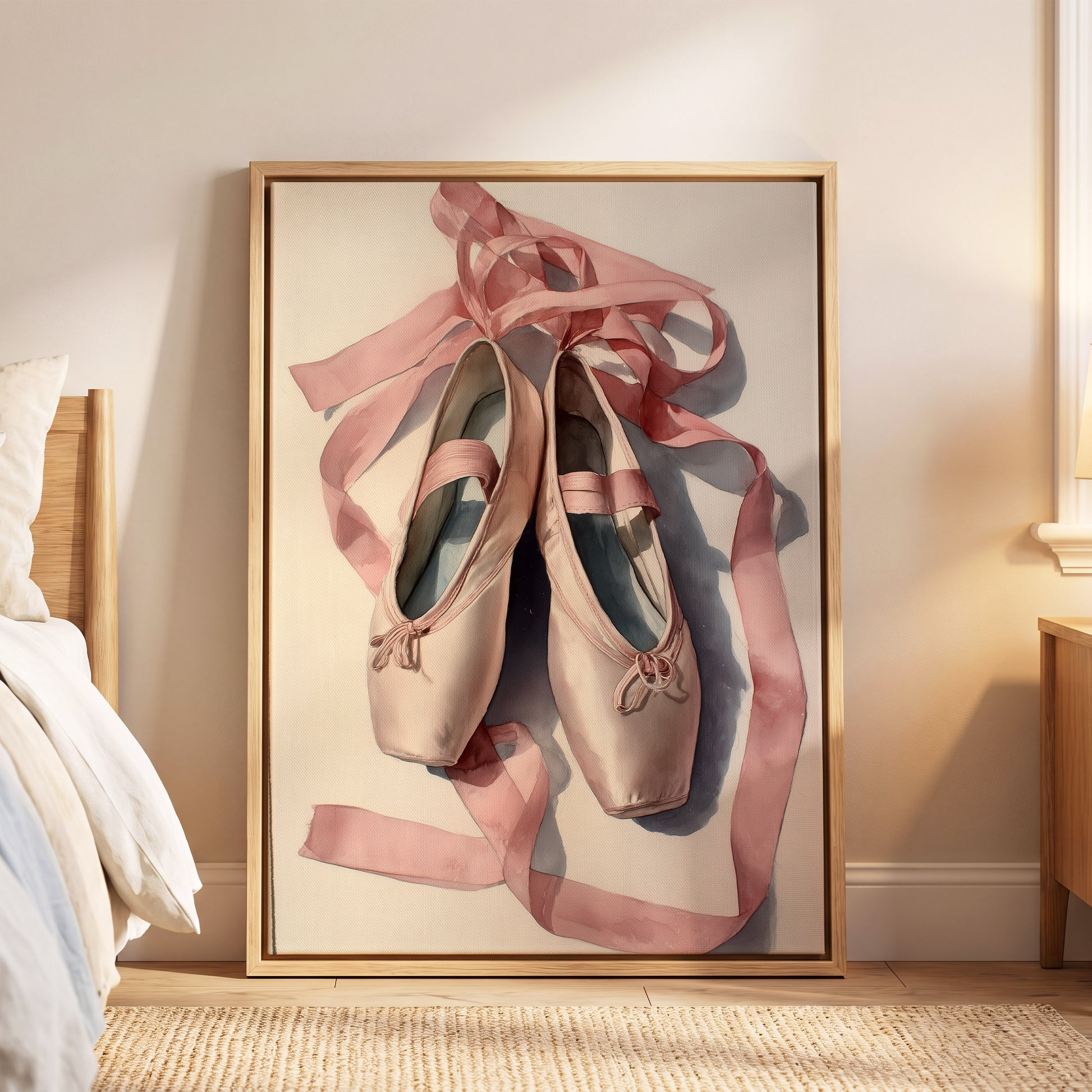 Ribbons at Rest, pink, beige, gray minimalist wall art displayed in a styled interior, gallery view 4