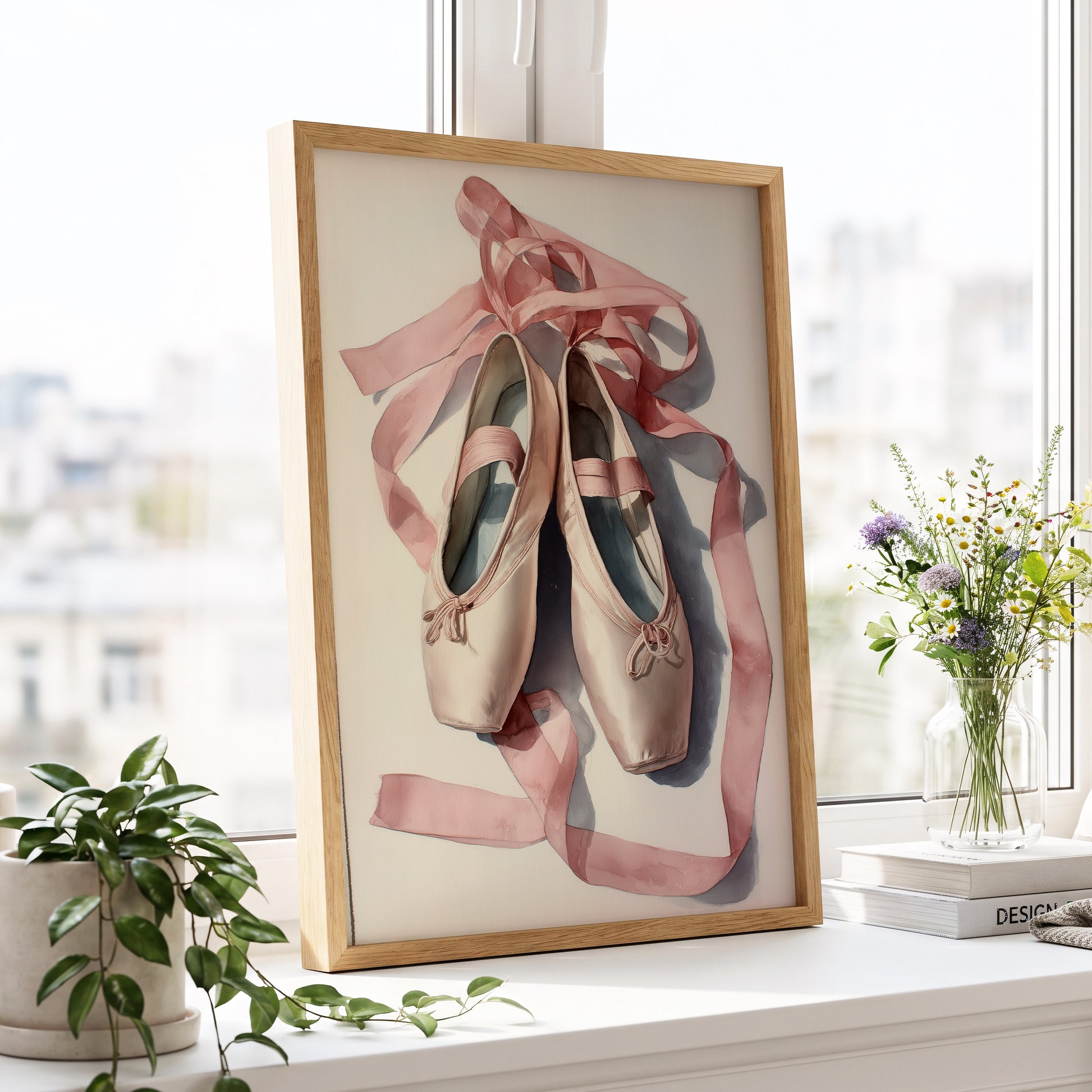 Ribbons at Rest, pink, beige, gray minimalist wall art displayed in a styled interior, gallery view 6