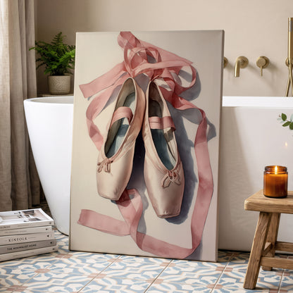 Ribbons at Rest, pink, beige, gray minimalist wall art displayed in a styled interior, gallery view 7